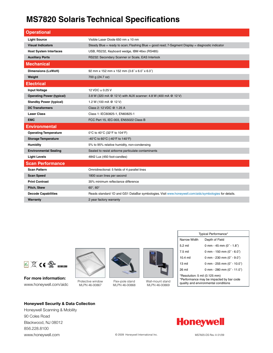 Ms7820 solaris technical specifications, Operational, Mechanical | Electrical, Environmental, Scan performance | Honeywell Solaris MS7820 User Manual | Page 2 / 2