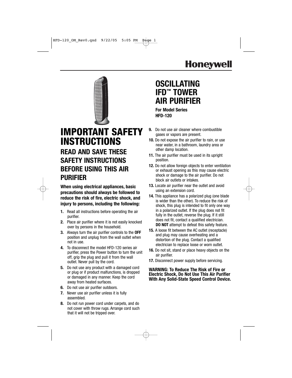 Honeywell HFD-120 User Manual | 20 pages