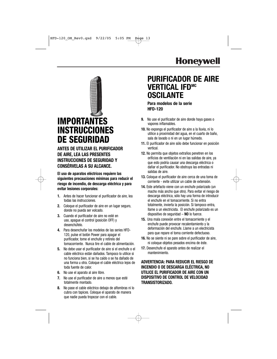 Importantes instrucciones de seguridad, Purificador de aire vertical ifd, Oscilante | Honeywell HFD-120 User Manual | Page 13 / 20