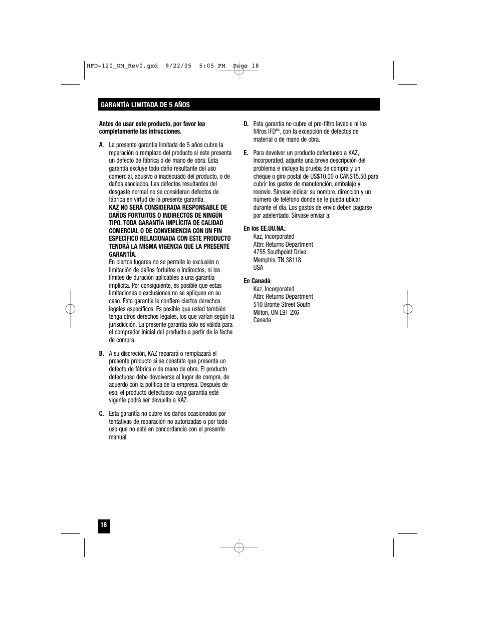 Honeywell HFD-120 User Manual | Page 18 / 20
