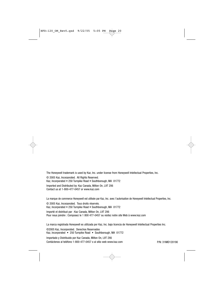 Honeywell HFD-120 User Manual | Page 20 / 20