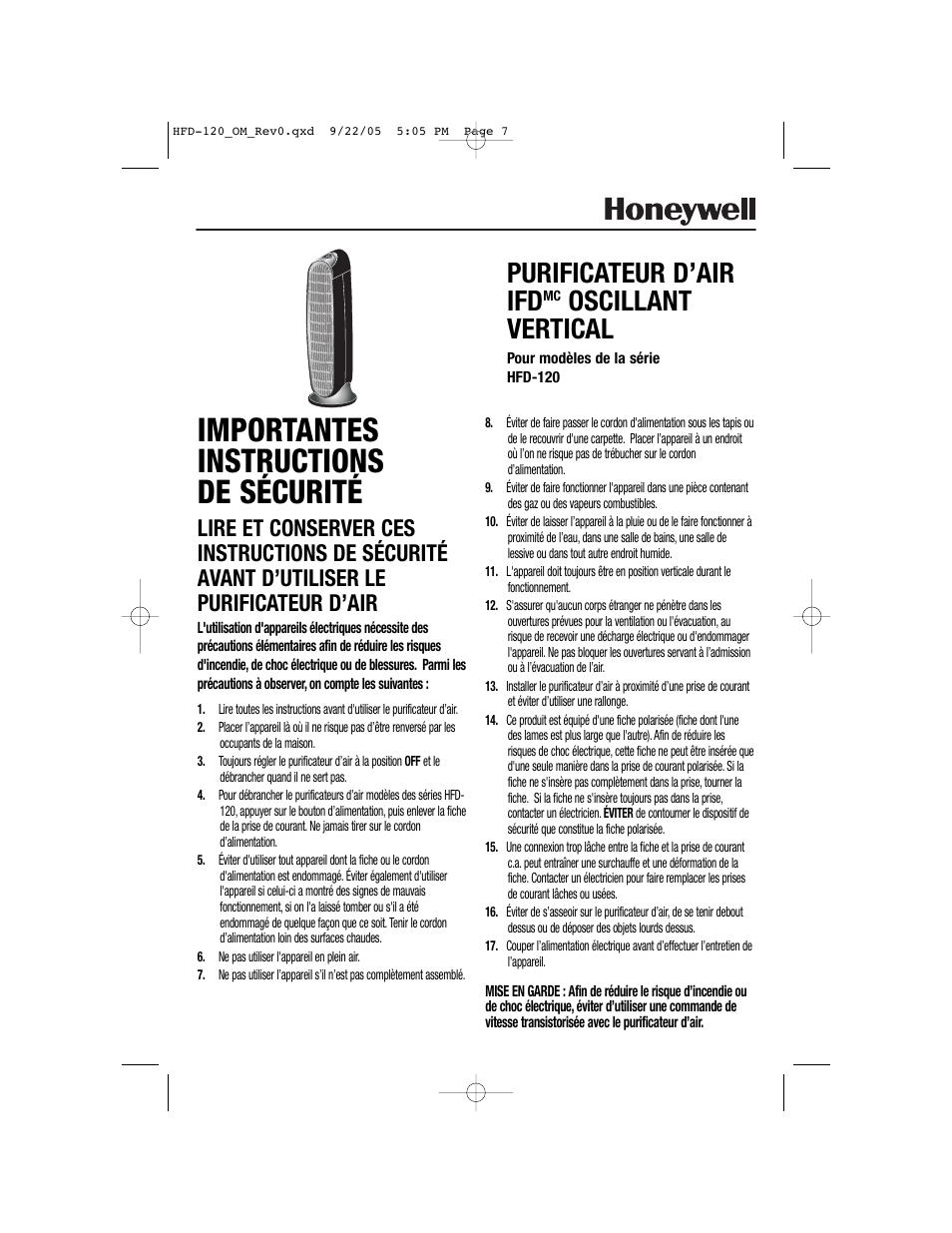 Importantes instructions de sécurité, Purificateur d’air ifd, Oscillant vertical | Honeywell HFD-120 User Manual | Page 7 / 20