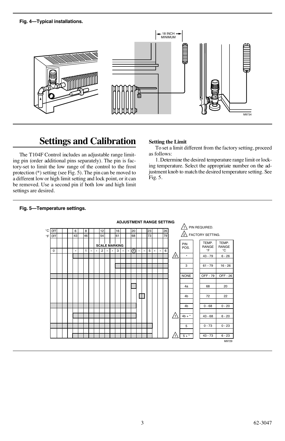 Settings and calibration, Fig. 4—typical installations, Fig. 5—temperature settings | Honeywell T104F User Manual | Page 3 / 6