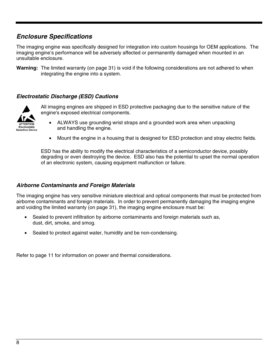 Enclosure specifications, Electrostatic discharge (esd) cautions, Airborne contaminants and foreign materials | Honeywell IS4911 User Manual | Page 12 / 42