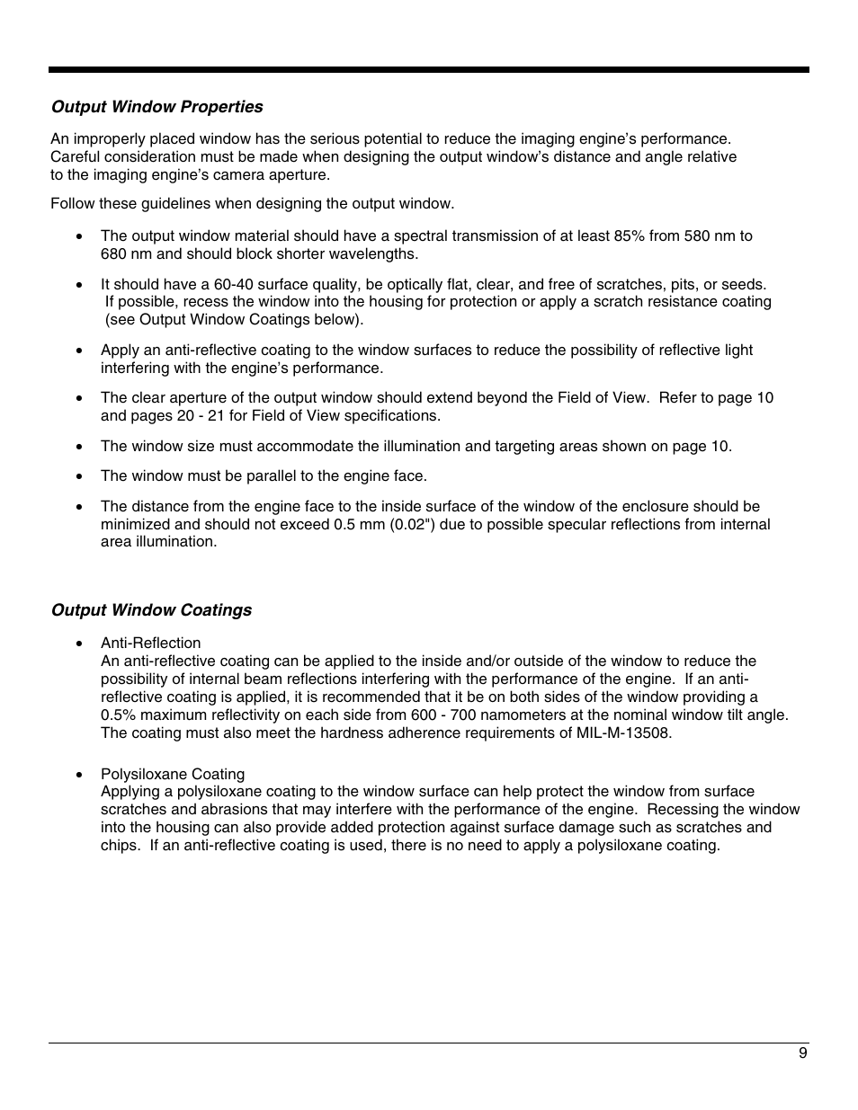 Output window properties, Output window coatings | Honeywell IS4911 User Manual | Page 13 / 42