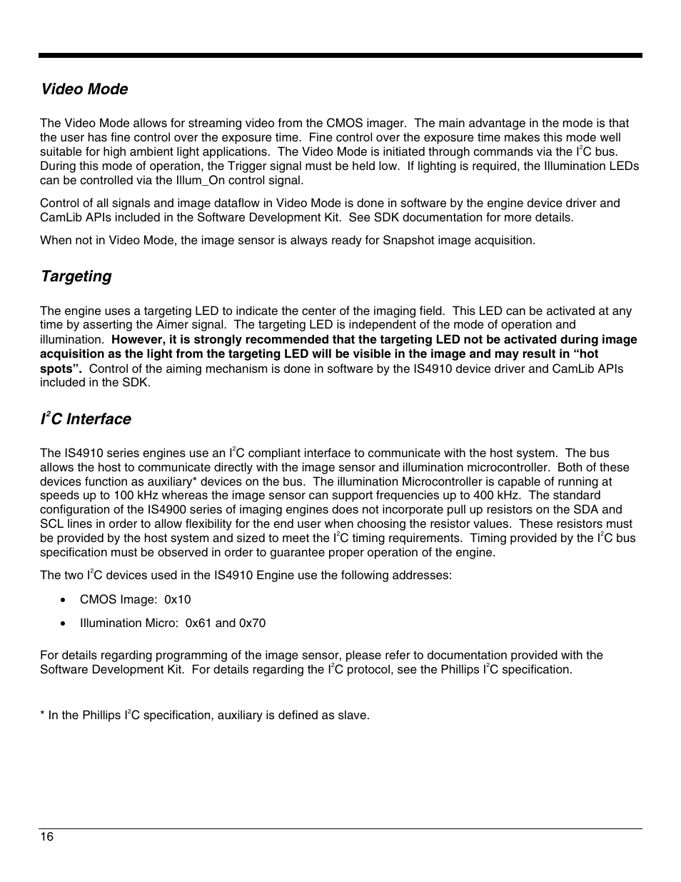 Video mode, Targeting, I2c interface | C interface | Honeywell IS4911 User Manual | Page 20 / 42