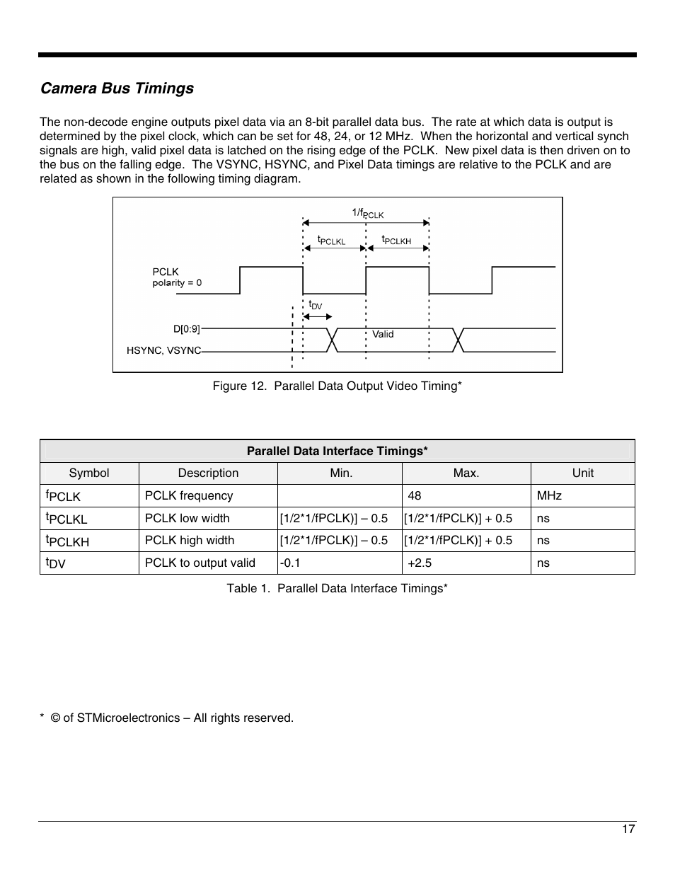 Camera bus timings | Honeywell IS4911 User Manual | Page 21 / 42