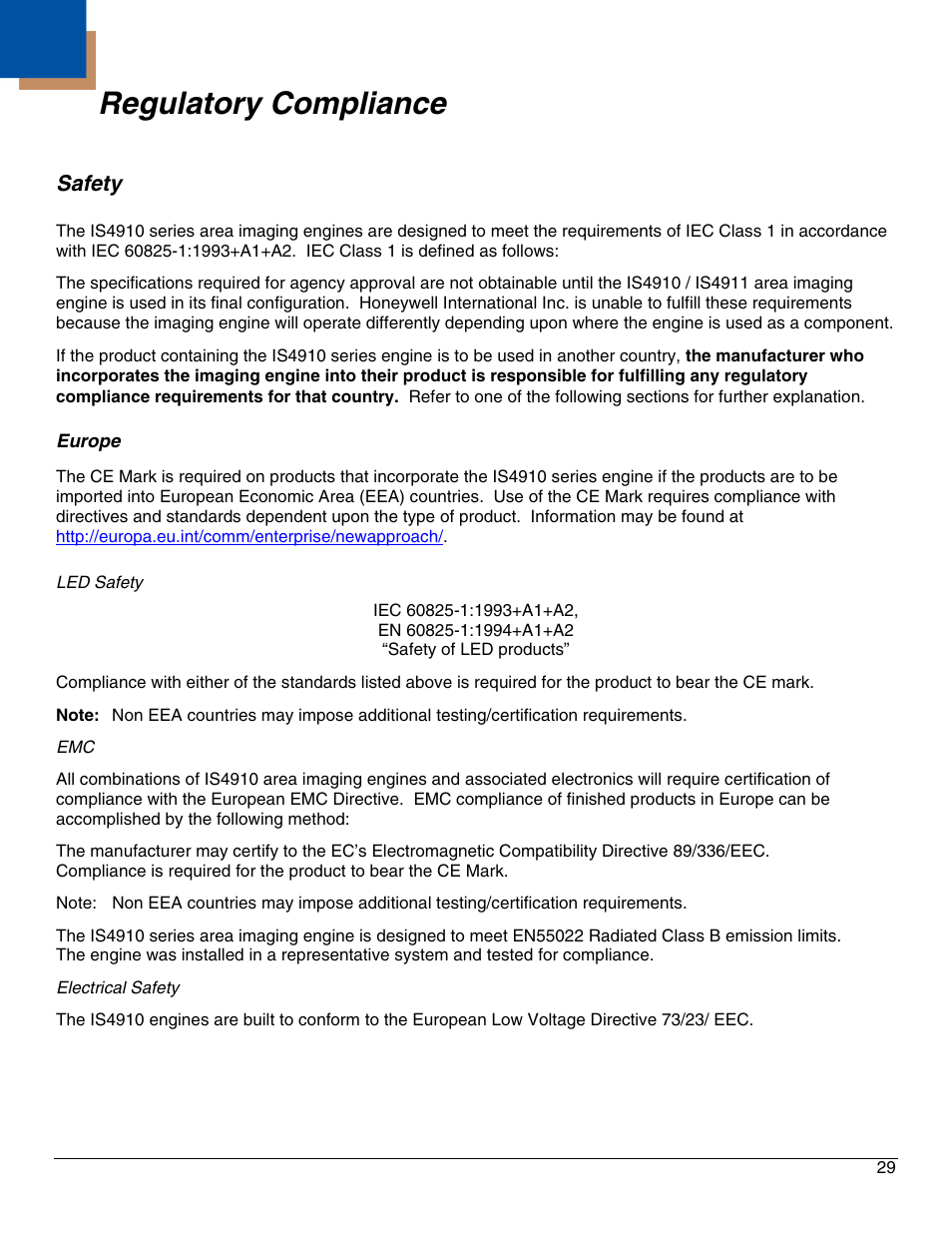 Regulatory compliance, Safety, Europe | Honeywell IS4911 User Manual | Page 33 / 42