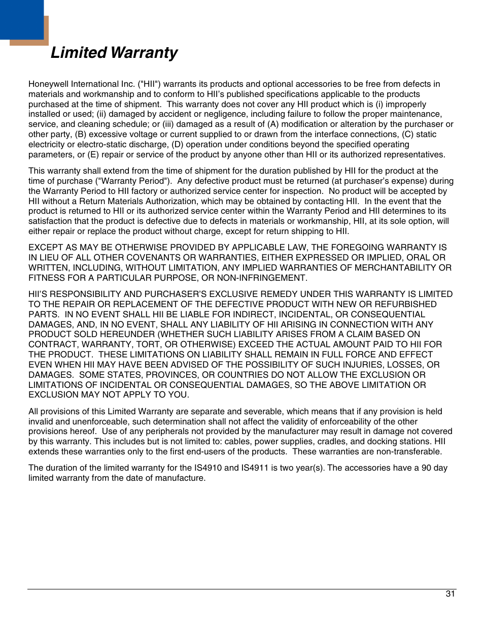 Limited warranty, Imited, Arranty | Honeywell IS4911 User Manual | Page 35 / 42