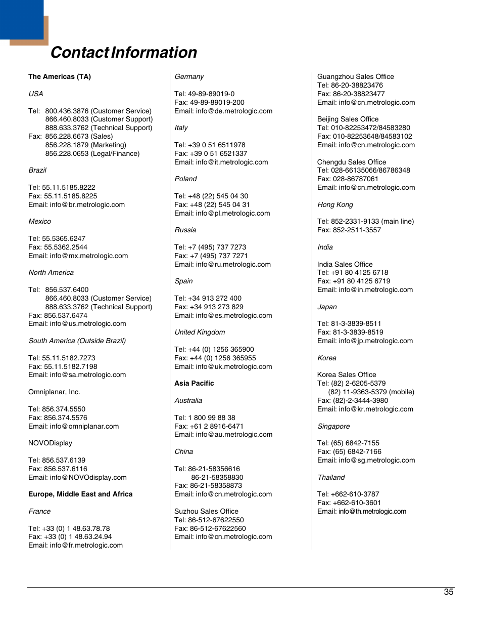 Contact information, Contact, Information | Honeywell IS4911 User Manual | Page 39 / 42