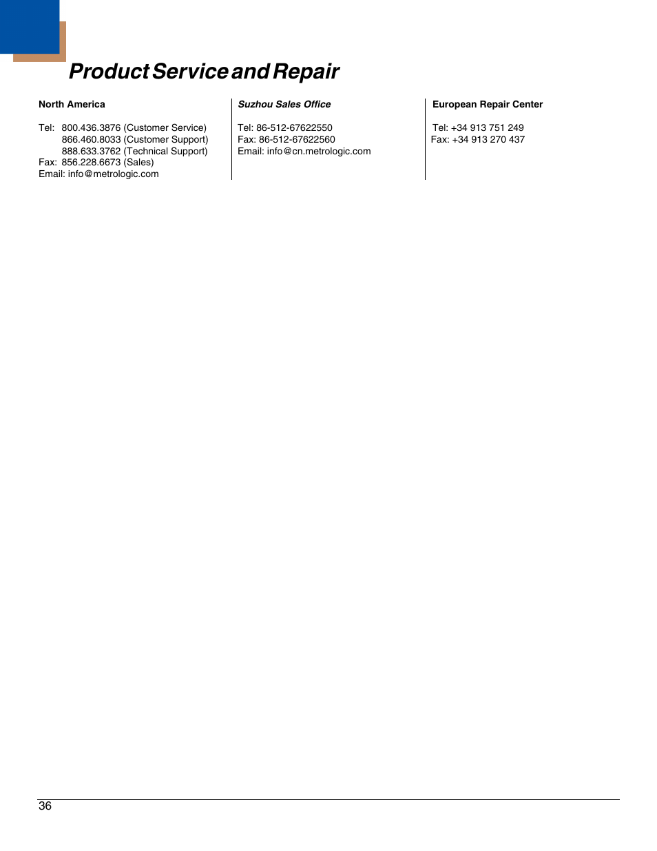 Product service and repair, Product, Service | Repair | Honeywell IS4911 User Manual | Page 40 / 42