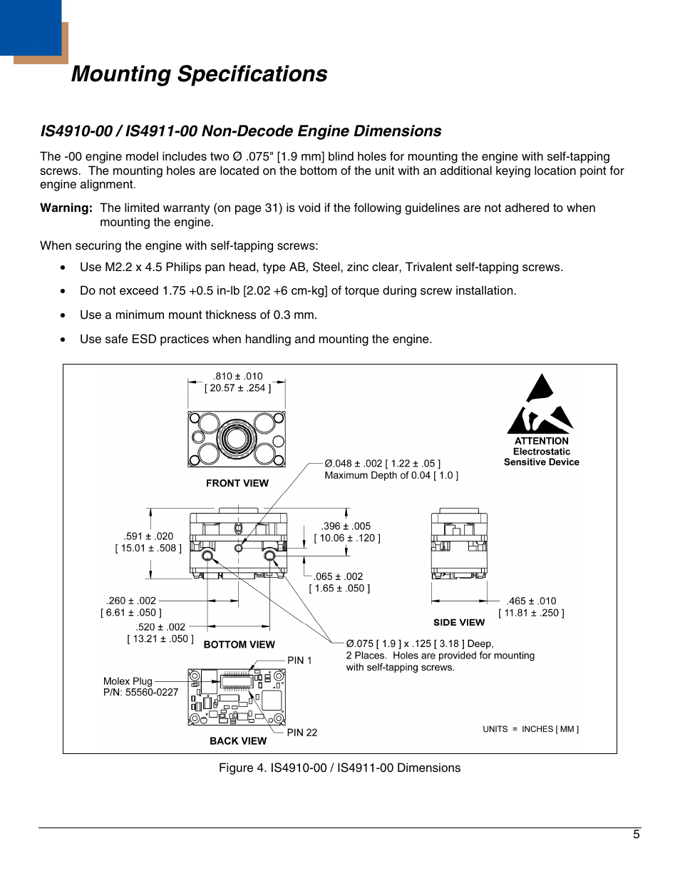 Mounting specifications, Is4910-00 / is4911-00 non-decode engine dimensions | Honeywell IS4911 User Manual | Page 9 / 42