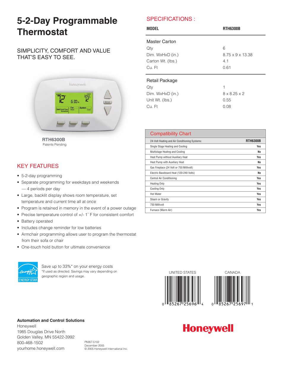 2-day programmable thermostat, Specifications, Compatibility chart | Honeywell 5-2-DAY DELUXE RTH6300B User Manual | Page 2 / 2