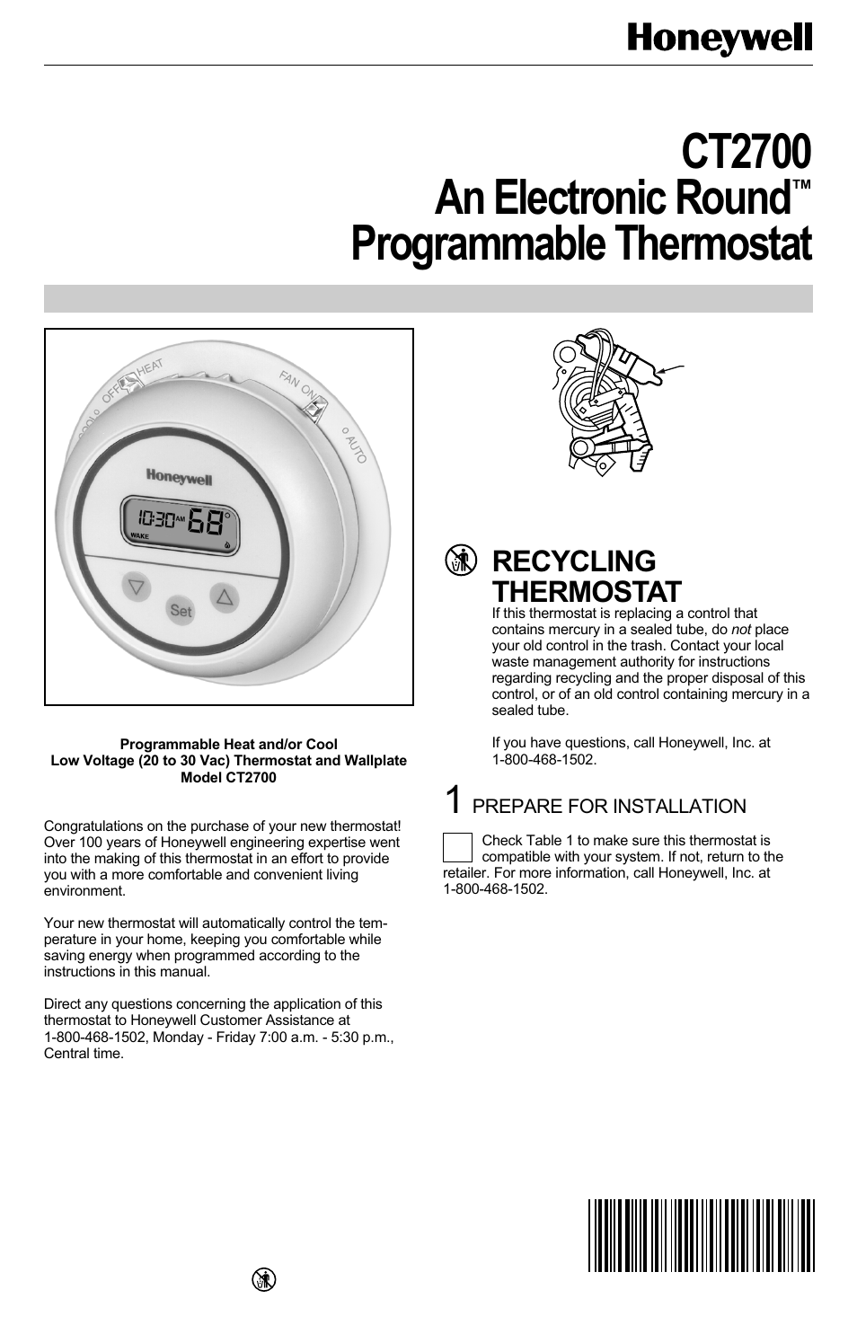 Honeywell CT2700 User Manual | 8 pages