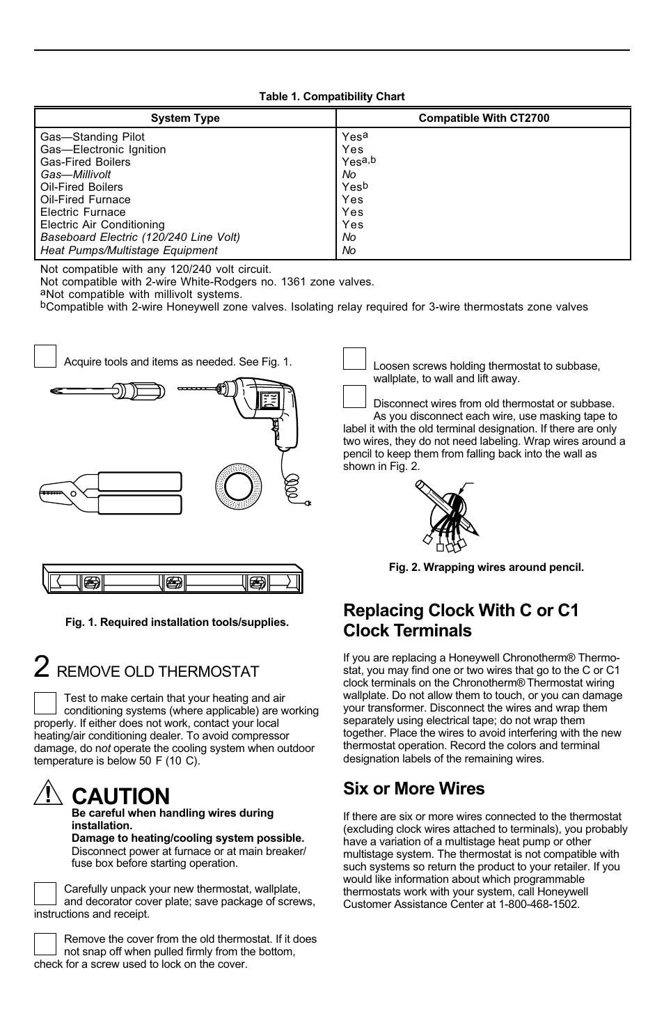 Caution, Replacing clock with c or c1 clock terminals, Six or more wires | Remove old thermostat | Honeywell CT2700 User Manual | Page 2 / 8