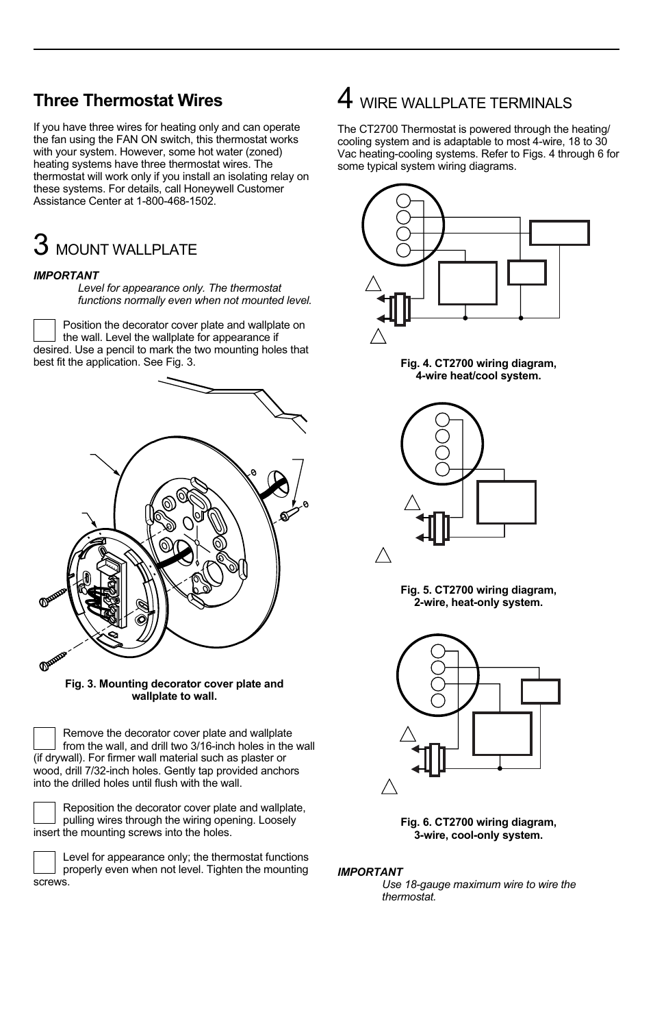 Three thermostat wires, Mount wallplate, Wire wallplate terminals | Ct2700 an electronic round, Programmable thermostat | Honeywell CT2700 User Manual | Page 3 / 8