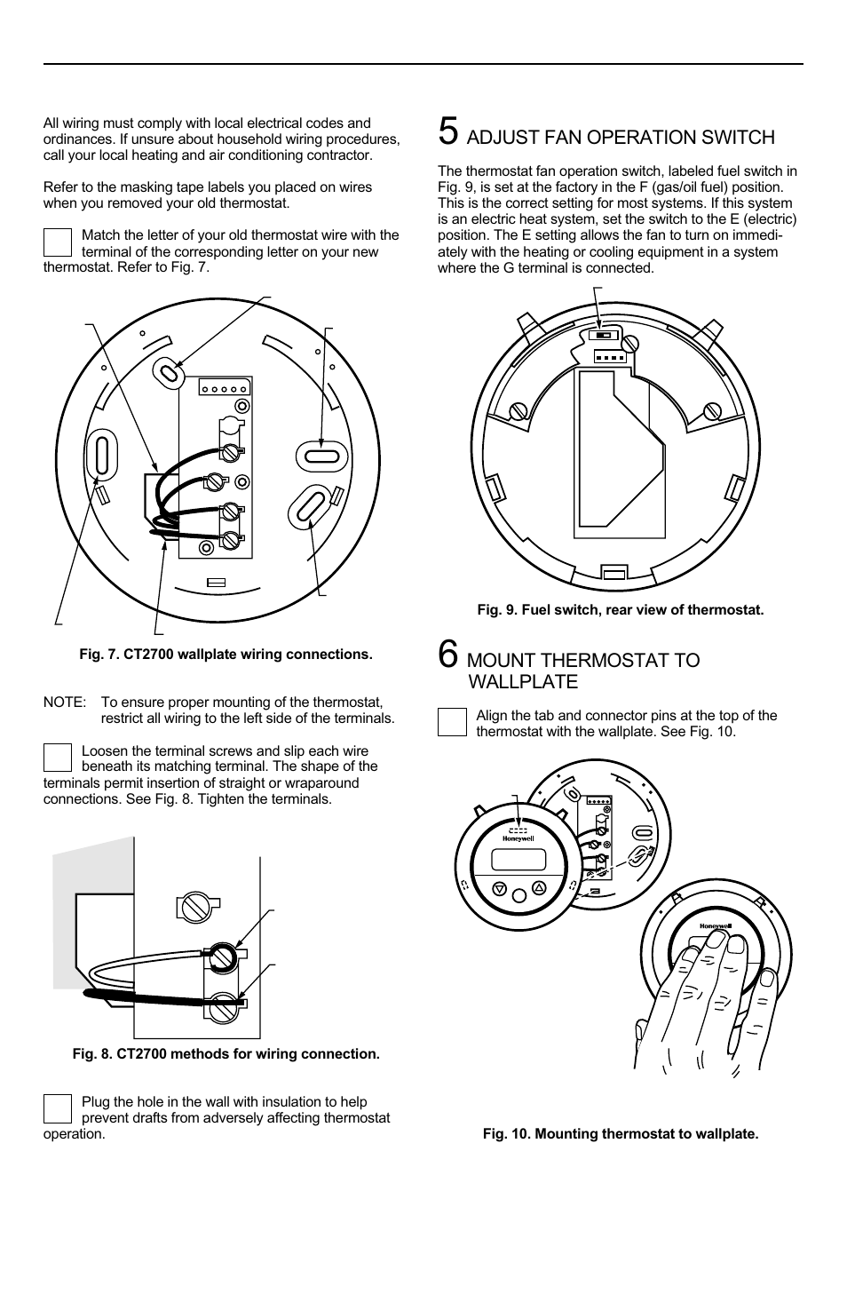 Adjust fan operation switch, Mount thermostat to wallplate, Ct2700 an electronic round | Programmable thermostat, Fig. 9. fuel switch, rear view of thermostat, Fig. 10. mounting thermostat to wallplate | Honeywell CT2700 User Manual | Page 4 / 8