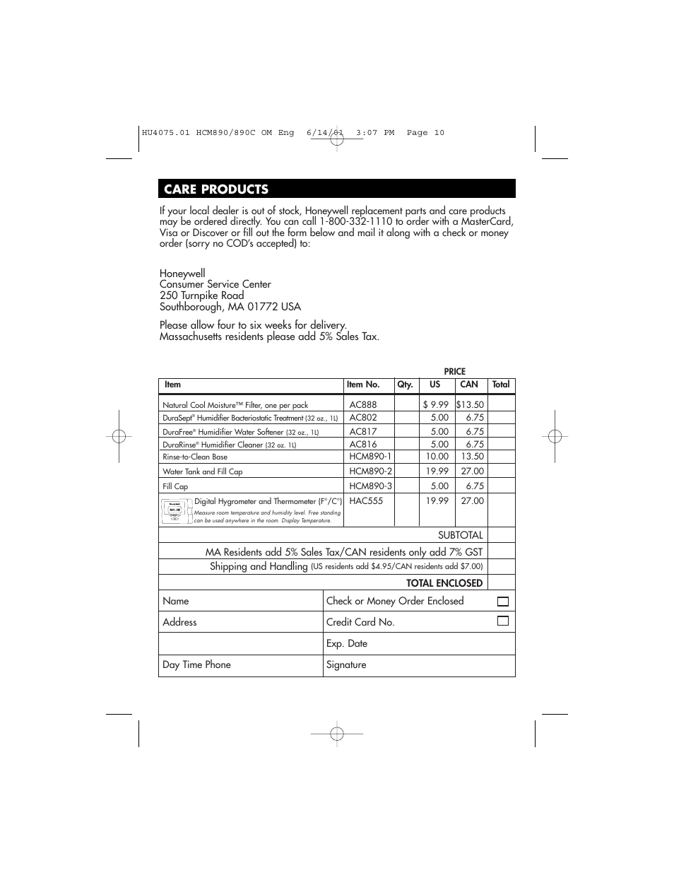 Care products | Honeywell HCM-890 User Manual | Page 10 / 36