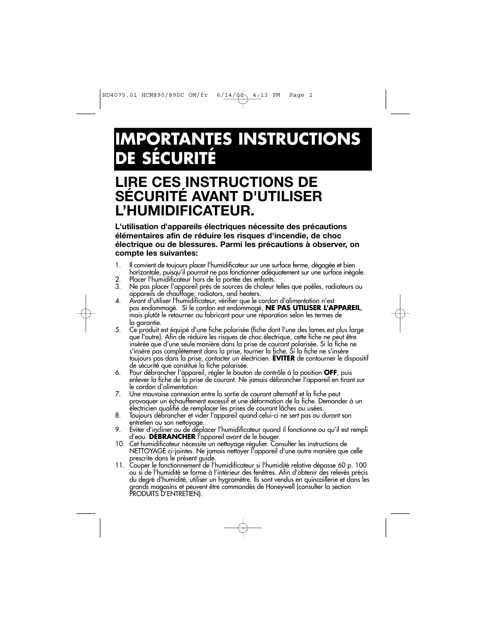 Importantes instructions de sécurité | Honeywell HCM-890 User Manual | Page 14 / 36