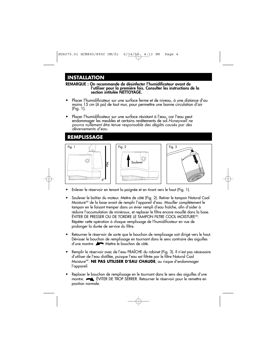 Installation, Remplissage | Honeywell HCM-890 User Manual | Page 16 / 36
