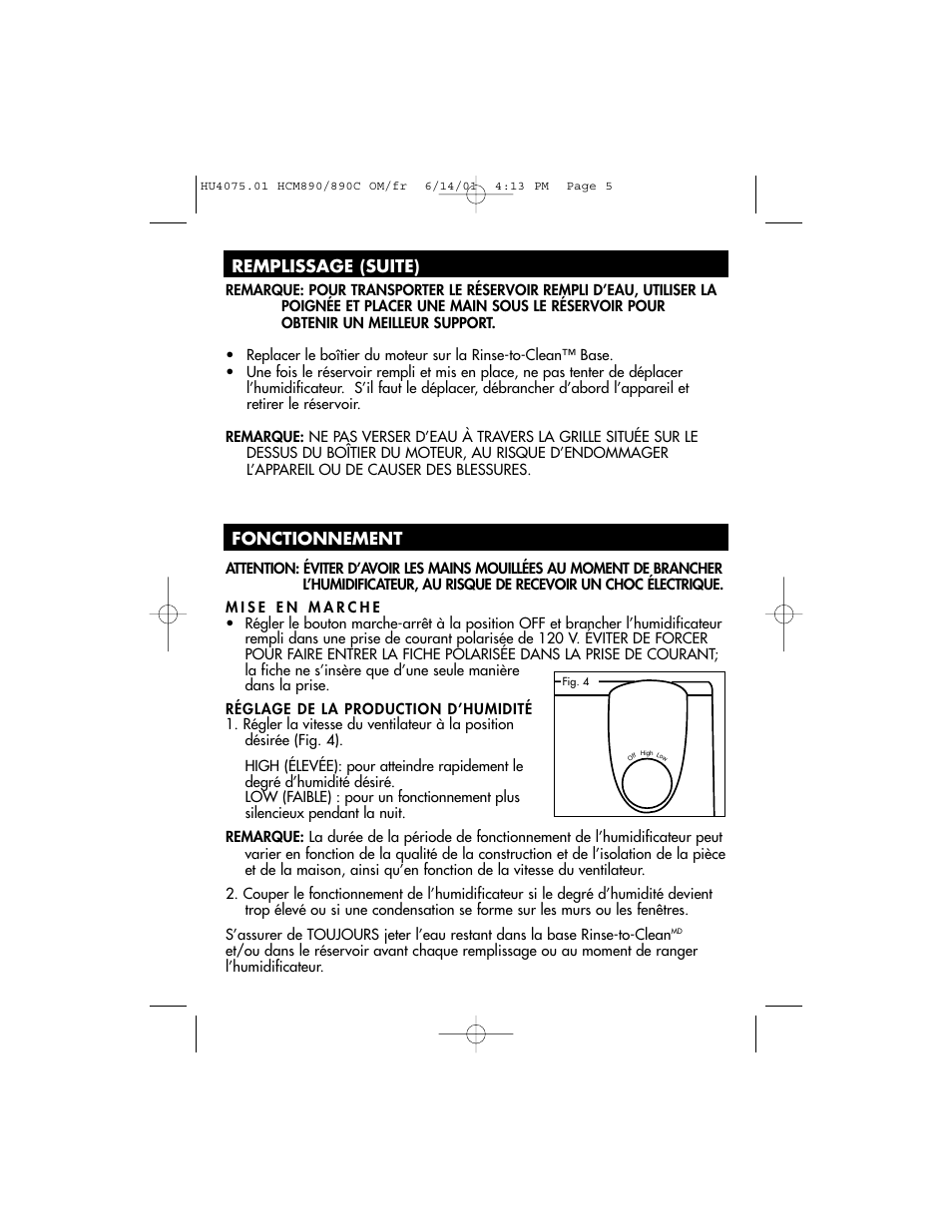 Remplissage (suite) fonctionnement | Honeywell HCM-890 User Manual | Page 17 / 36