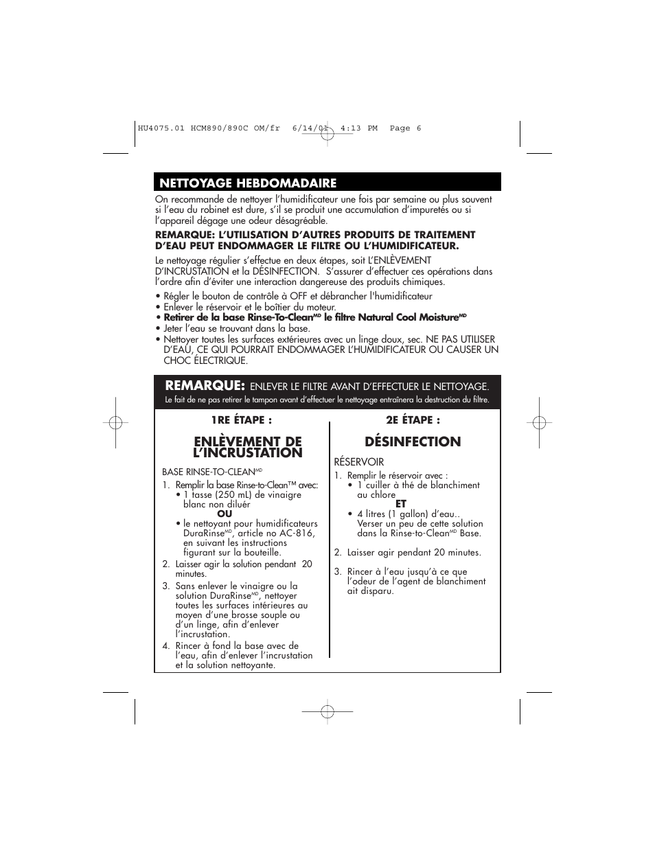 Enlèvement de l’incrustation, Désinfection, Remarque | Nettoyage hebdomadaire | Honeywell HCM-890 User Manual | Page 18 / 36
