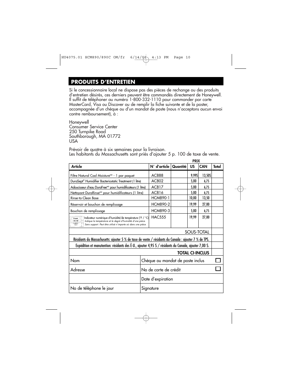 Produits d’entretien | Honeywell HCM-890 User Manual | Page 22 / 36
