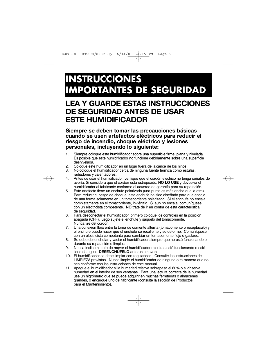 Instrucciones importantes de seguridad | Honeywell HCM-890 User Manual | Page 26 / 36