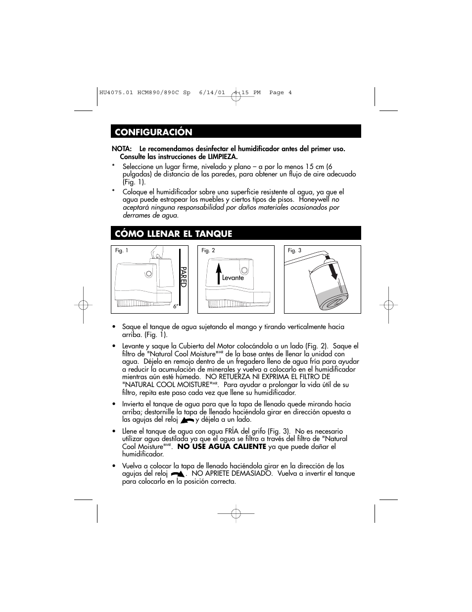 Configuración cómo llenar el tanque | Honeywell HCM-890 User Manual | Page 28 / 36