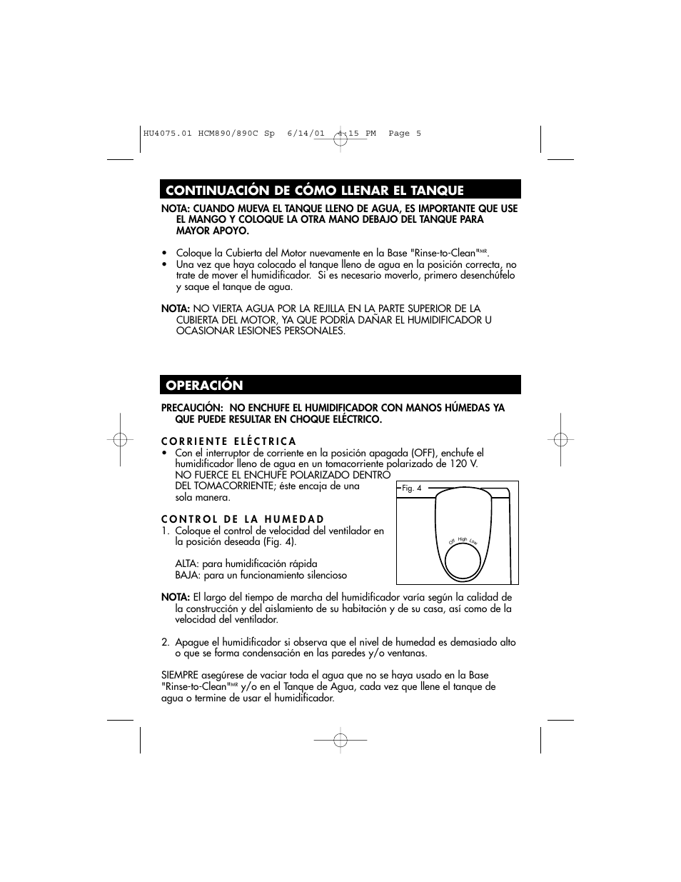 Continuación de cómo llenar el tanque operación | Honeywell HCM-890 User Manual | Page 29 / 36