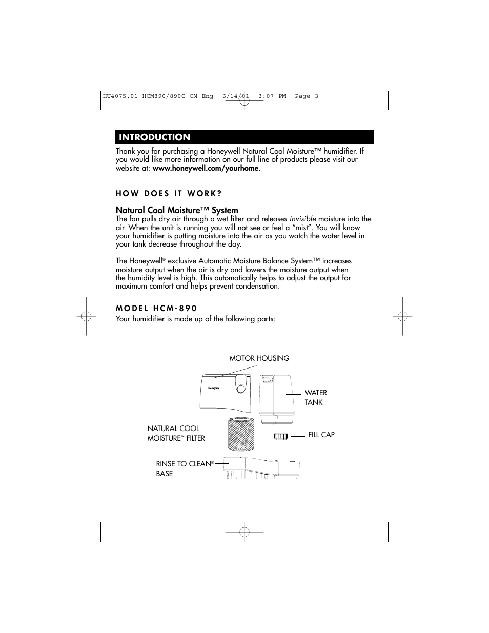 Natural cool moisture™ system, Introduction | Honeywell HCM-890 User Manual | Page 3 / 36
