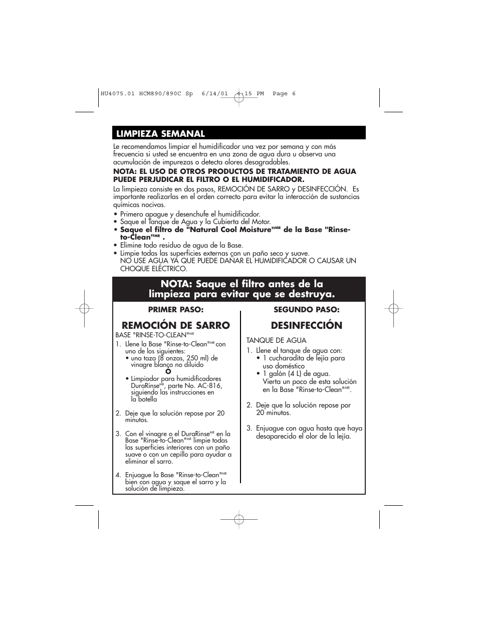 Remoción de sarro, Desinfección, Limpieza semanal | Honeywell HCM-890 User Manual | Page 30 / 36