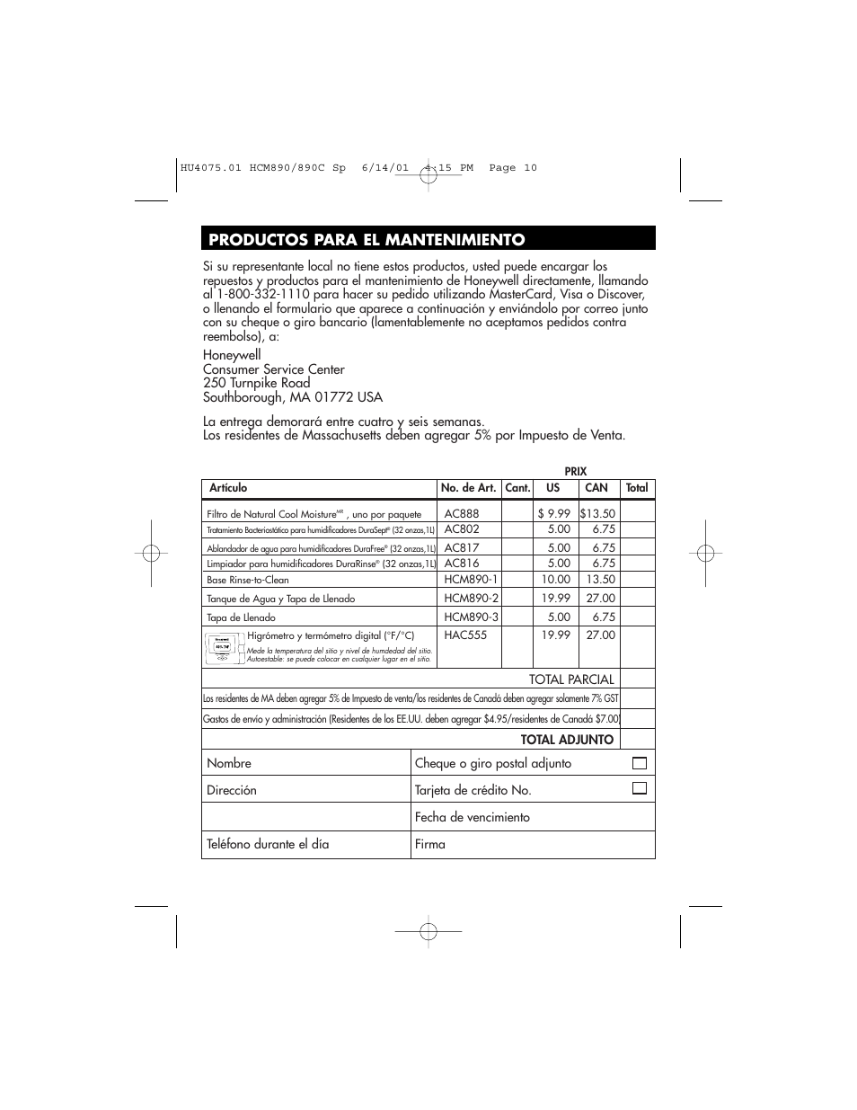 Productos para el mantenimiento | Honeywell HCM-890 User Manual | Page 34 / 36