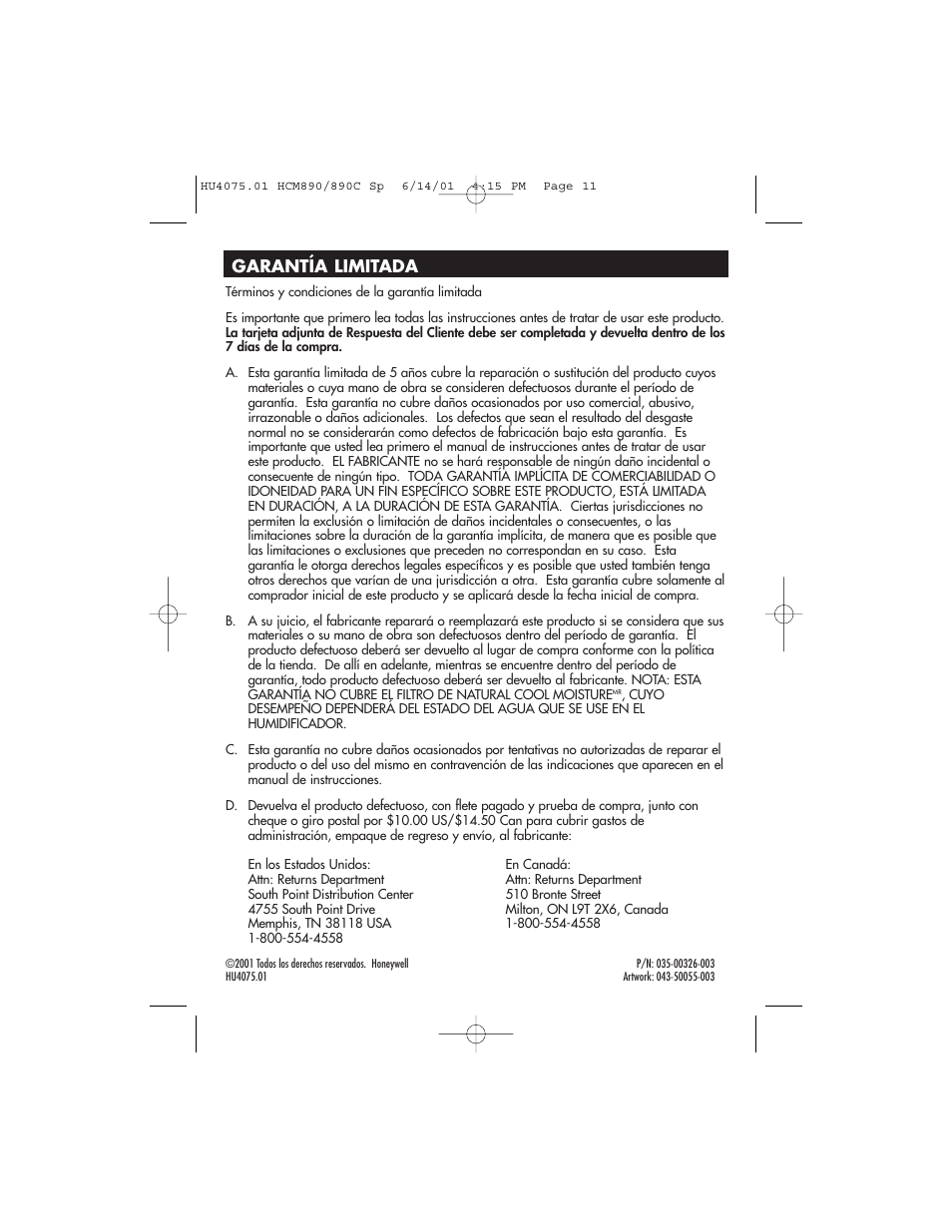 Garantía limitada | Honeywell HCM-890 User Manual | Page 36 / 36