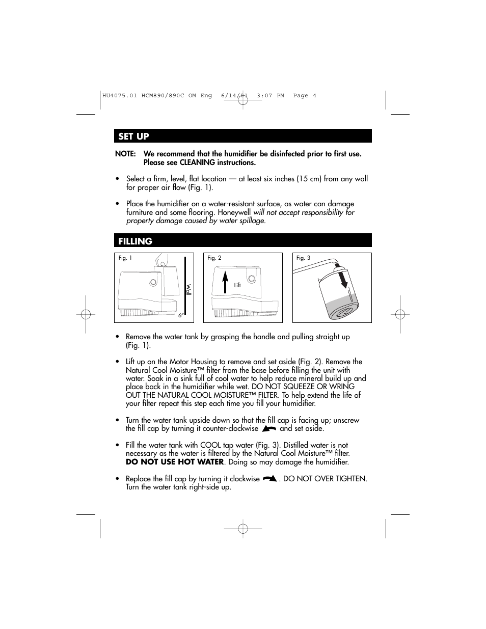 Set up filling | Honeywell HCM-890 User Manual | Page 4 / 36