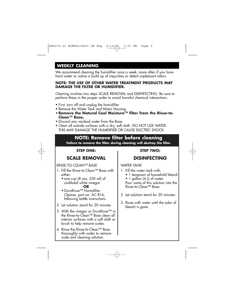 Scale removal, Disinfecting | Honeywell HCM-890 User Manual | Page 6 / 36