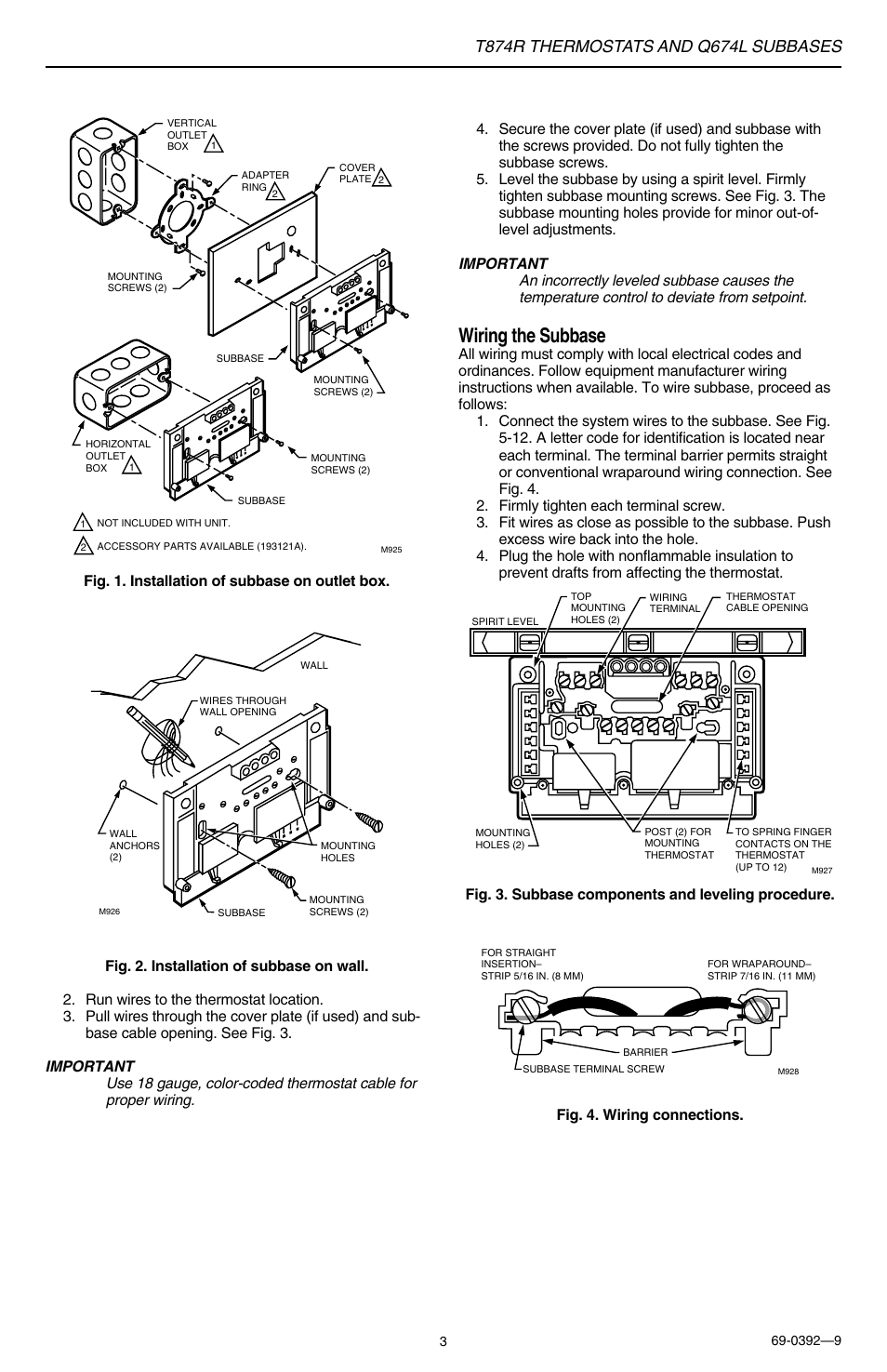 Wiring the subbase, Fig. 1. installation of subbase on outlet box | Honeywell Q674L User Manual | Page 3 / 12