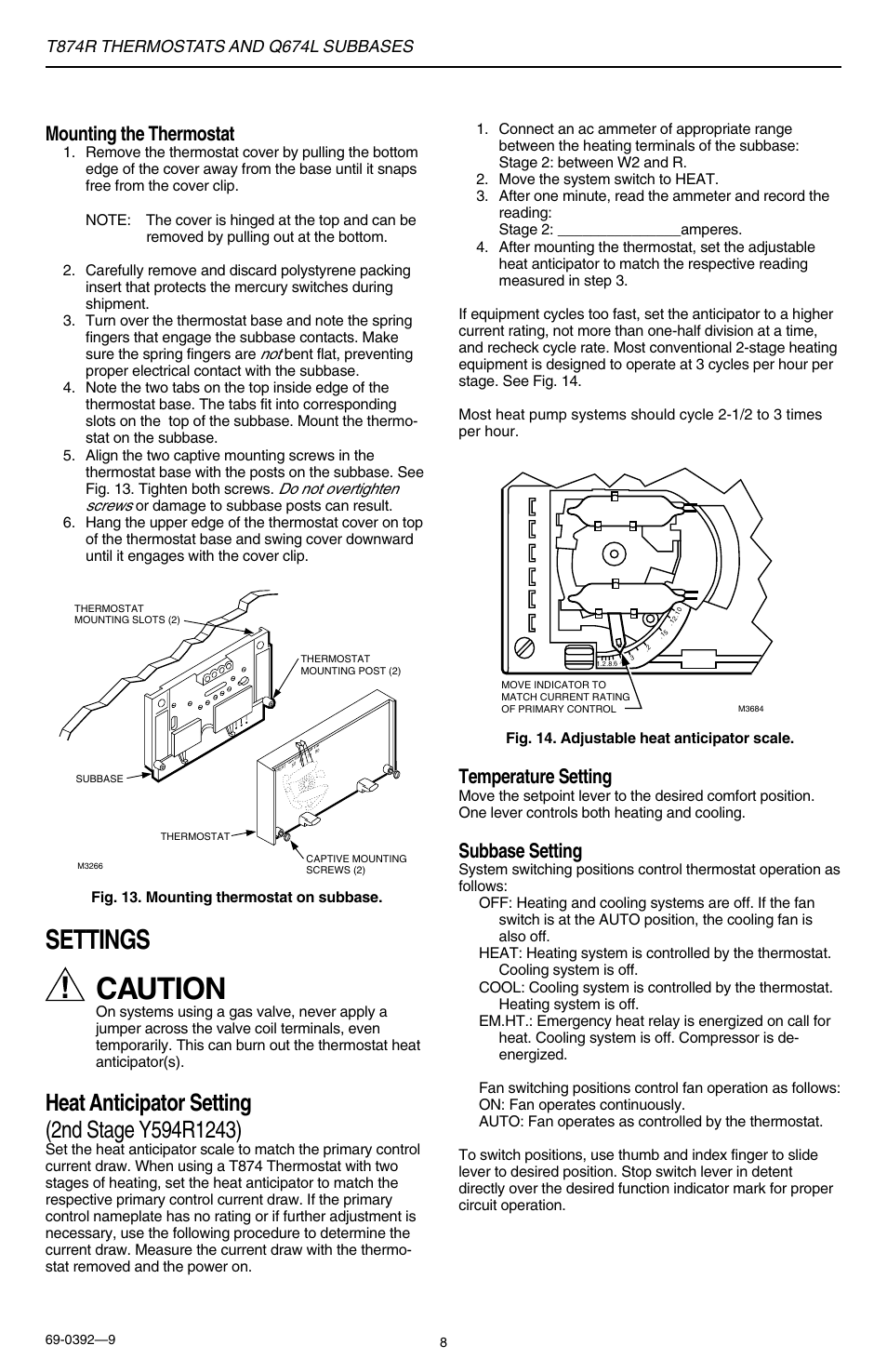 Caution, Settings, Mounting the thermostat | Temperature setting, Subbase setting | Honeywell Q674L User Manual | Page 8 / 12