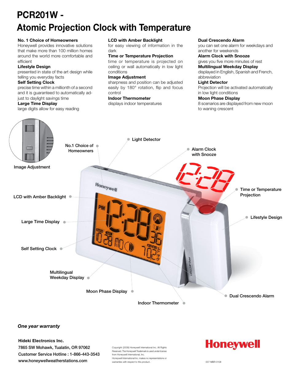 Honeywell leaflet v02 2, Pcr201w - atomic projection clock with temperature | Honeywell PCR201W User Manual | Page 2 / 2