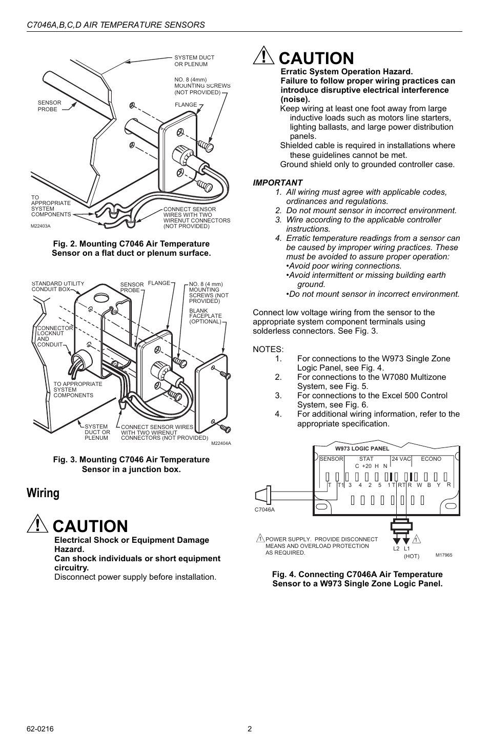 Caution, Wiring | Honeywell C7046A User Manual | Page 2 / 4