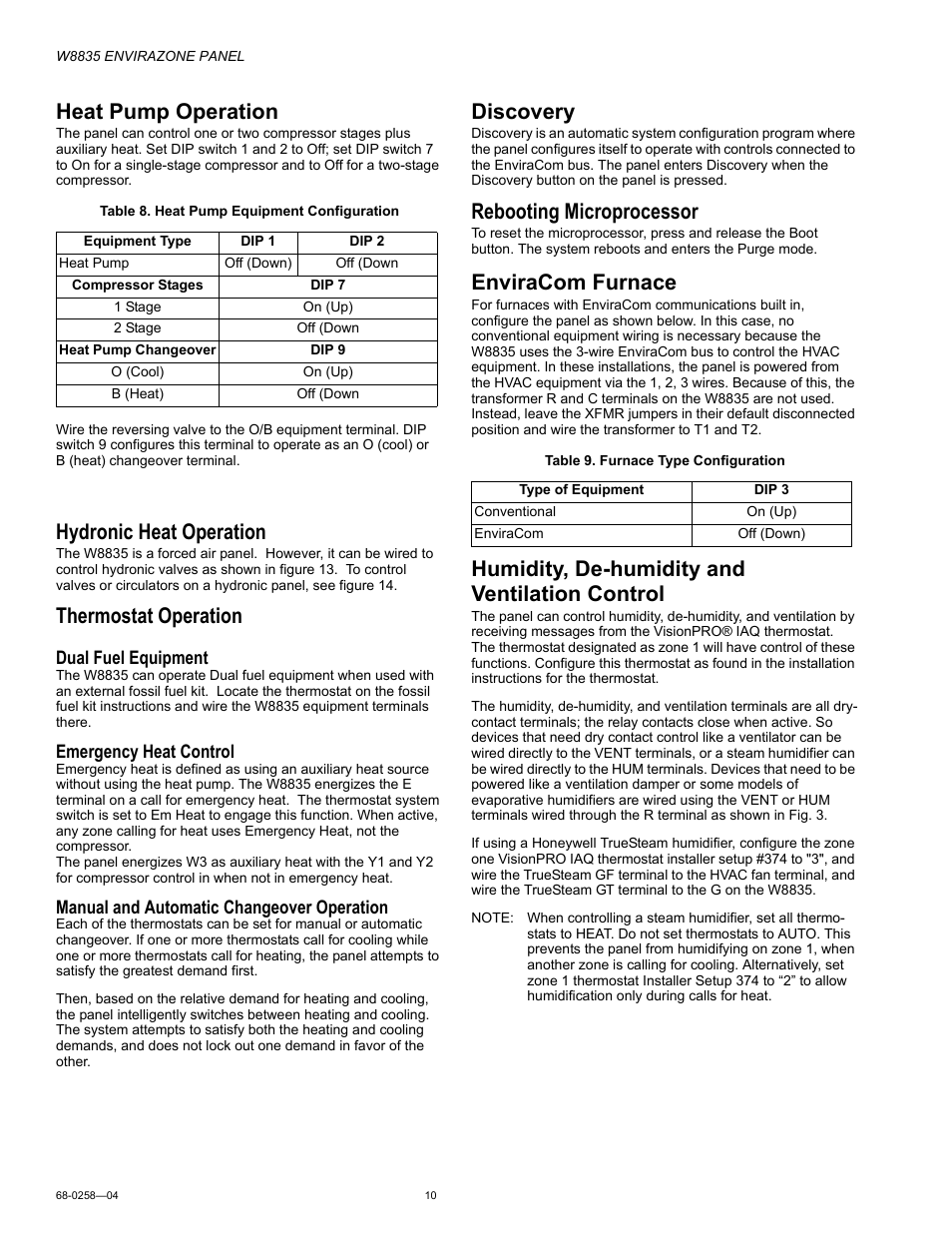 Heat pump operation, Discovery, Enviracom furnace | Humidity, de-humidity and ventilation control, Hydronic heat operation, Thermostat operation, Rebooting microprocessor, Dual fuel equipment, Emergency heat control, Manual and automatic changeover operation | Honeywell ENVIRAZONE PANEL W8835 User Manual | Page 10 / 32
