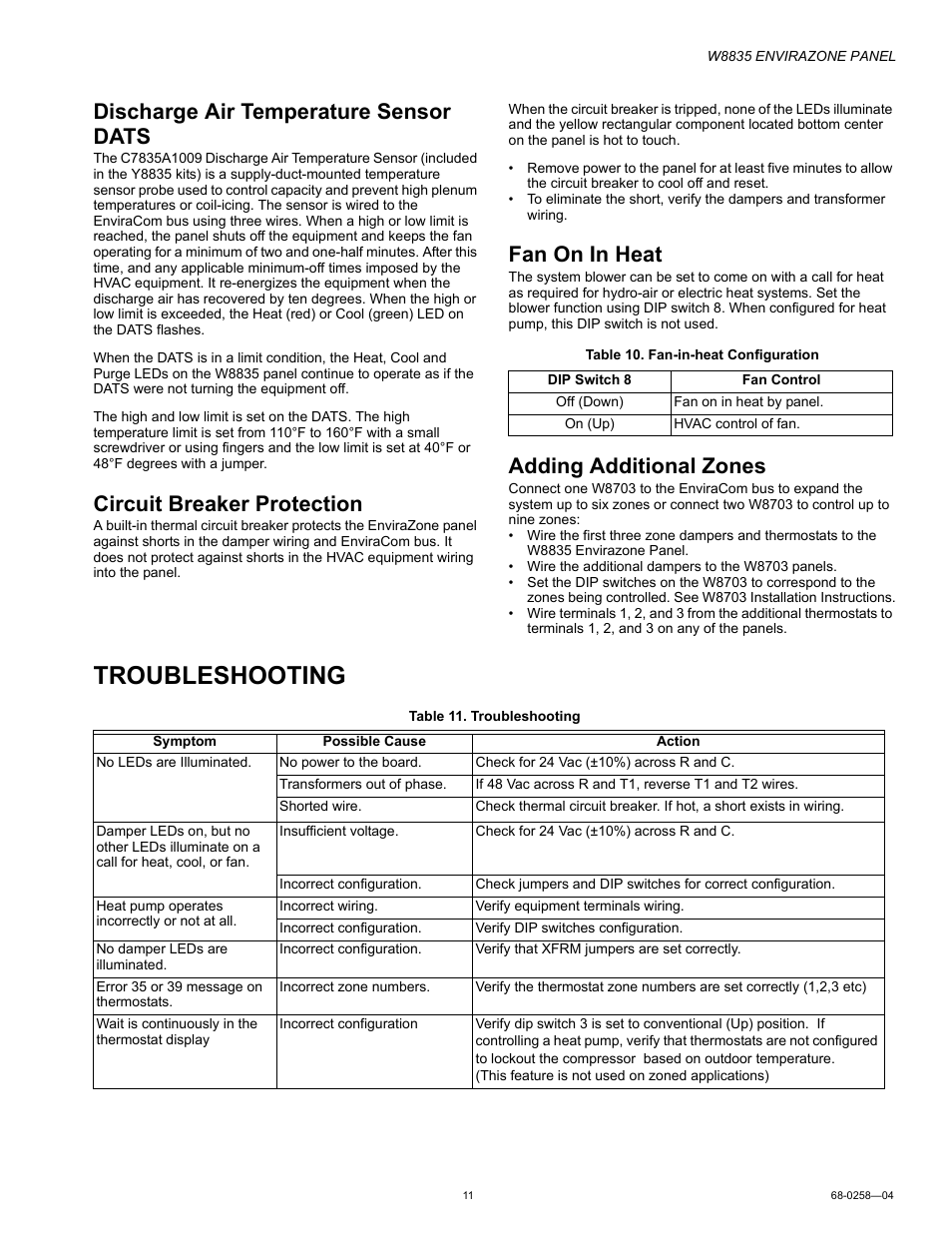 Discharge air temperature sensor dats, Circuit breaker protection, Fan on in heat | Adding additional zones, Troubleshooting | Honeywell ENVIRAZONE PANEL W8835 User Manual | Page 11 / 32
