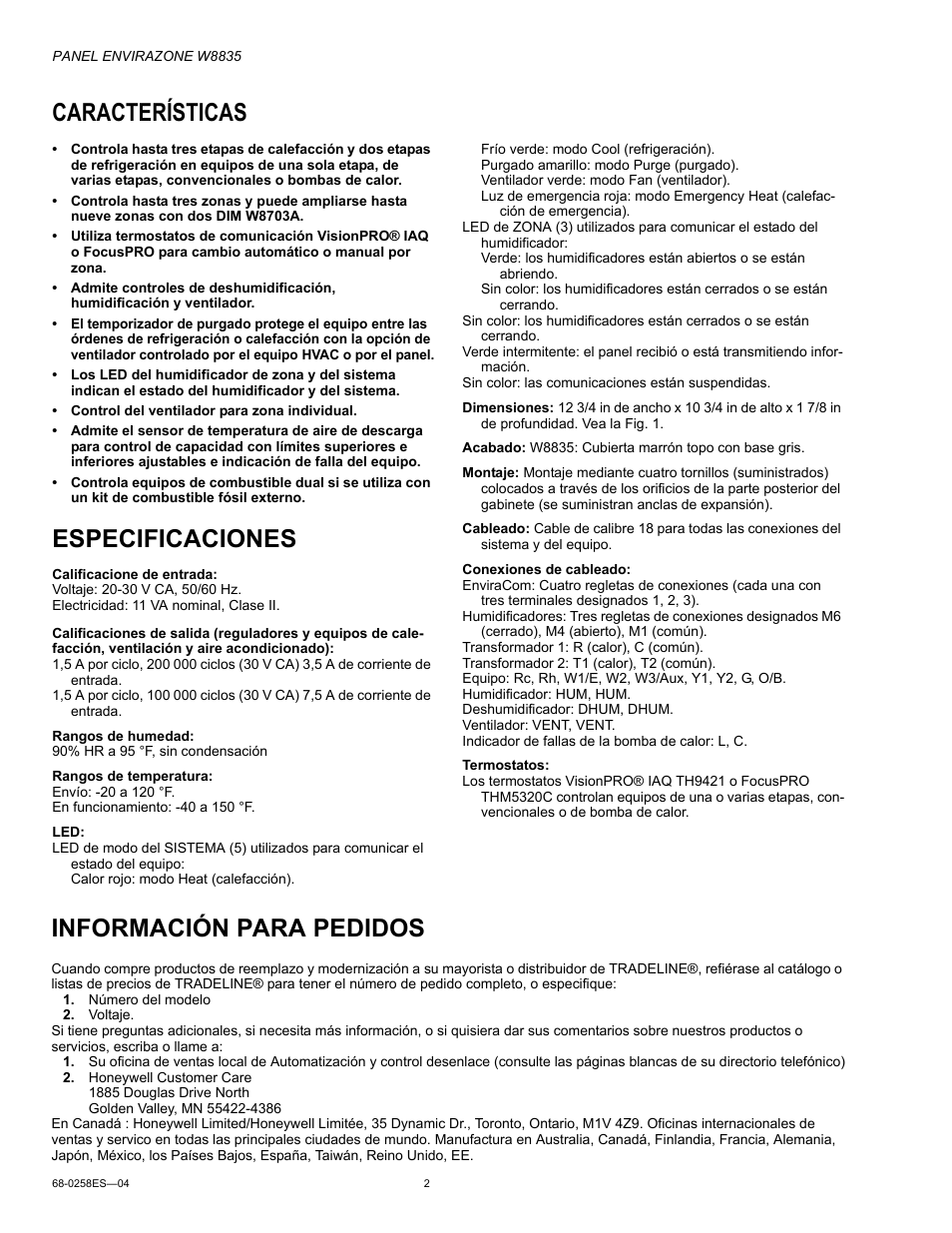 Características, Especificaciones, Información para pedidos | Honeywell ENVIRAZONE PANEL W8835 User Manual | Page 18 / 32