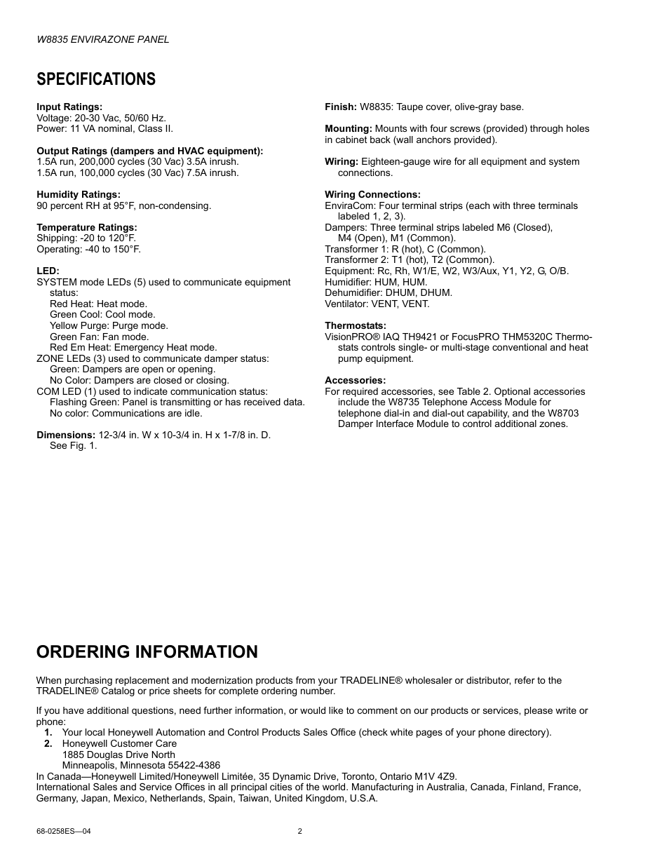 Specifications, Ordering information | Honeywell ENVIRAZONE PANEL W8835 User Manual | Page 2 / 32