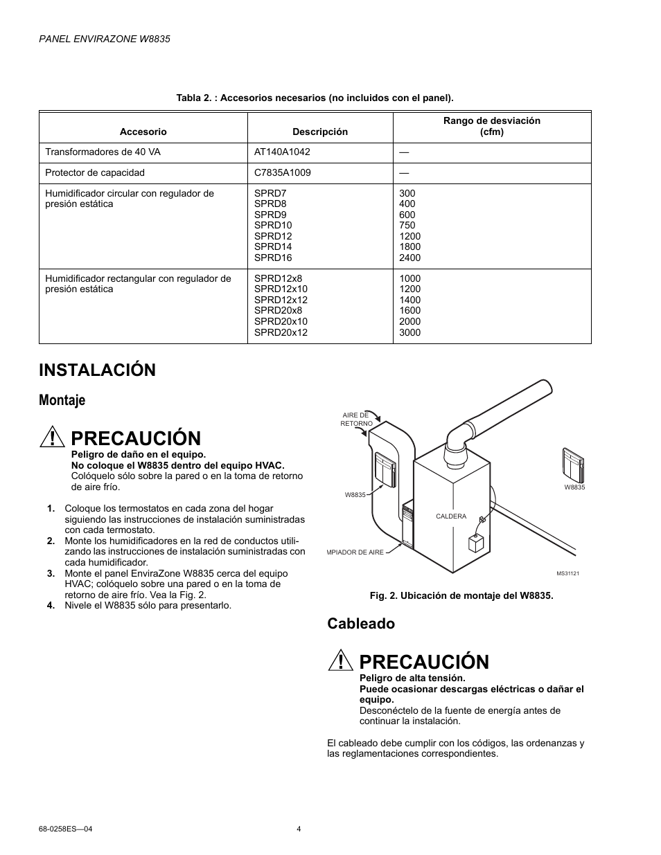 Instalación, Cableado, Precaución | Montaje | Honeywell ENVIRAZONE PANEL W8835 User Manual | Page 20 / 32