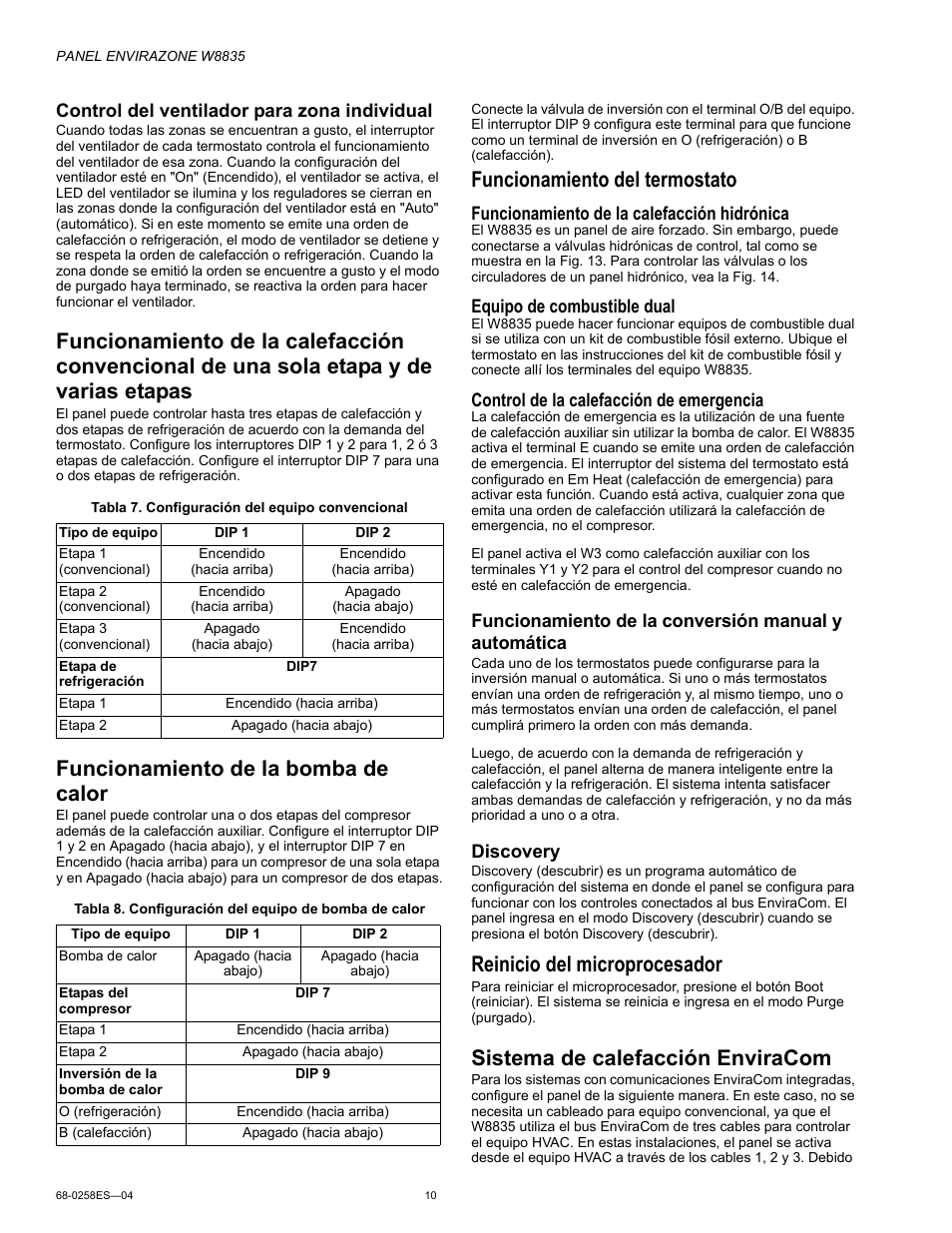 Funcionamiento de la bomba de calor, Sistema de calefacción enviracom, Funcionamiento del termostato | Reinicio del microprocesador, Control del ventilador para zona individual, Funcionamiento de la calefacción hidrónica, Equipo de combustible dual, Control de la calefacción de emergencia, Discovery | Honeywell ENVIRAZONE PANEL W8835 User Manual | Page 26 / 32