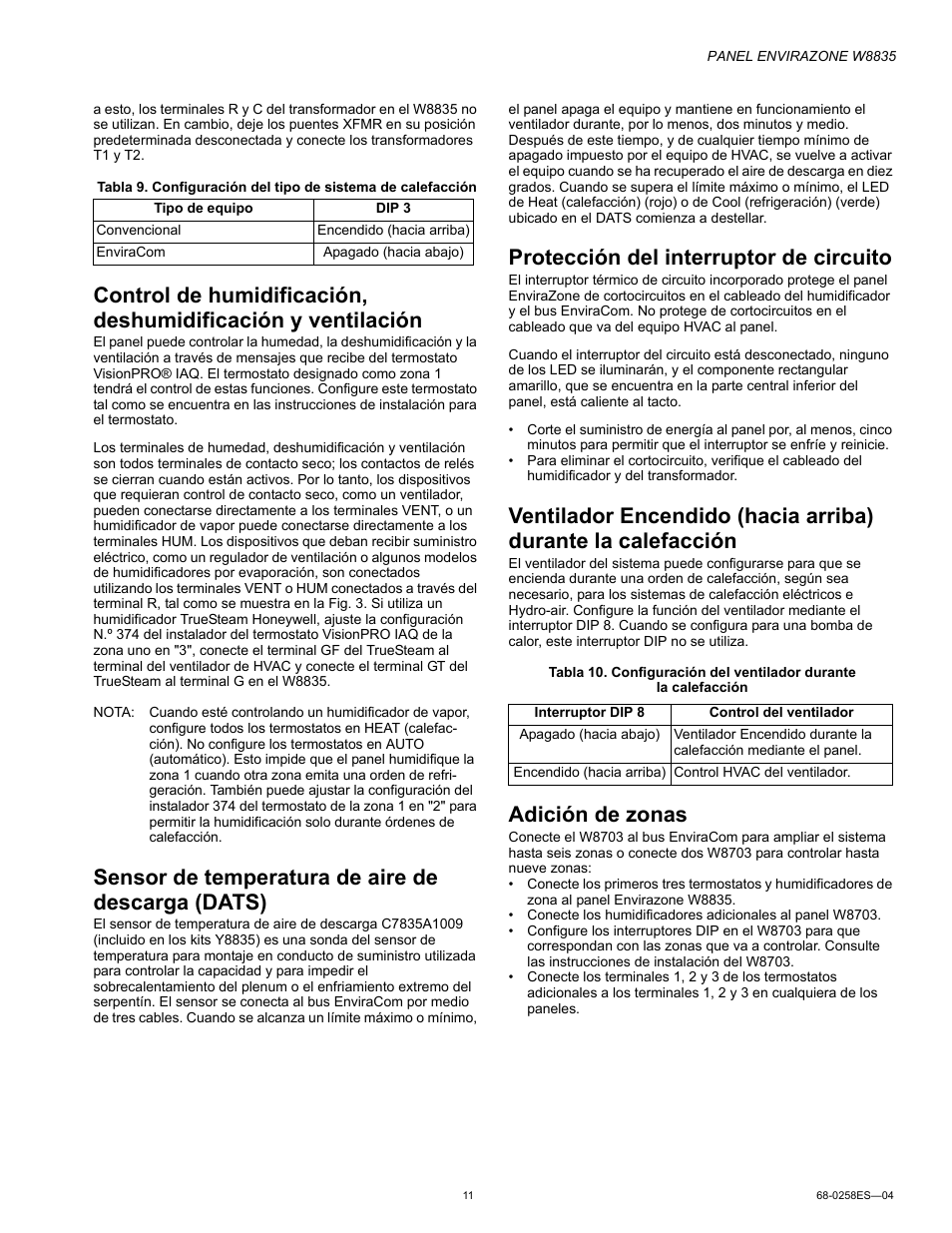 Sensor de temperatura de aire de descarga (dats), Protección del interruptor de circuito, Adición de zonas | Honeywell ENVIRAZONE PANEL W8835 User Manual | Page 27 / 32