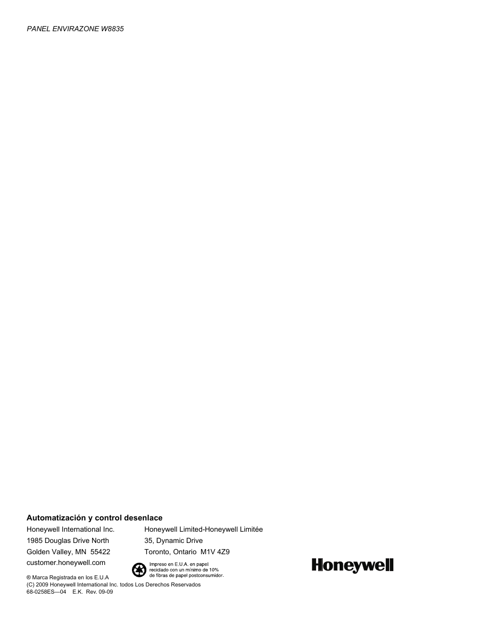 Honeywell ENVIRAZONE PANEL W8835 User Manual | Page 32 / 32