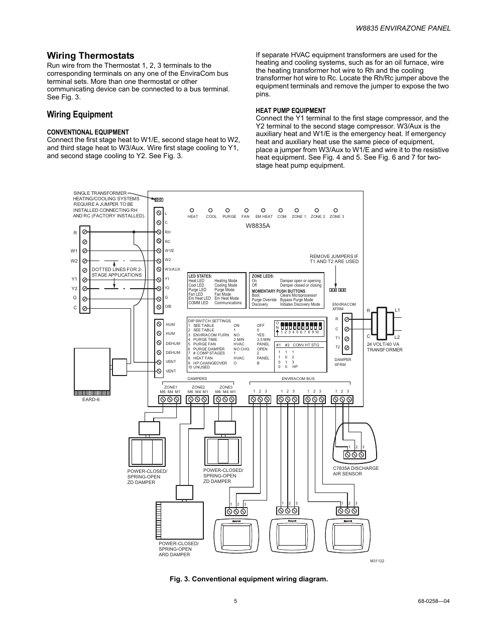 Wiring thermostats, Wiring equipment, W8835 envirazone panel | W8835a | Honeywell ENVIRAZONE PANEL W8835 User Manual | Page 5 / 32