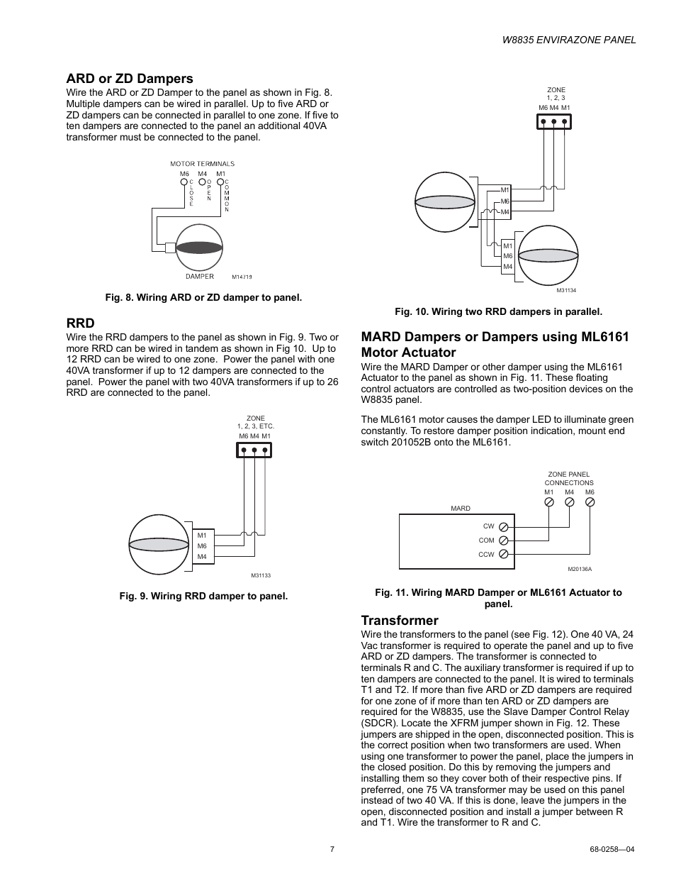 Ard or zd dampers, Transformer | Honeywell ENVIRAZONE PANEL W8835 User Manual | Page 7 / 32
